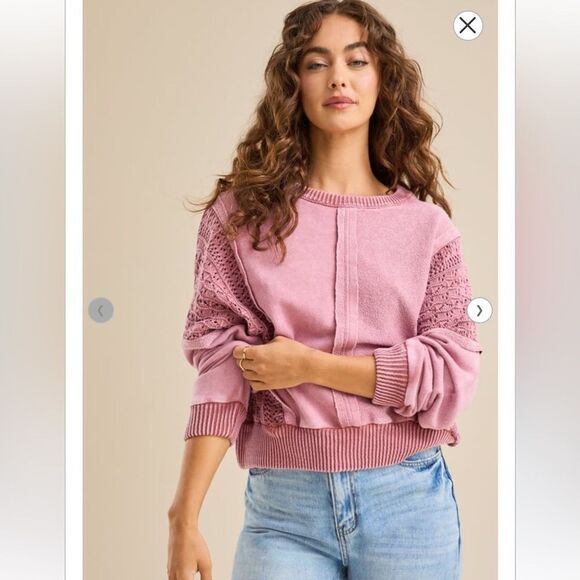 ALTAR’D STATE M Jenna Ash Rose Pink Stone Washed Crochet Pieced Crewneck Top - Picture 1 of 16